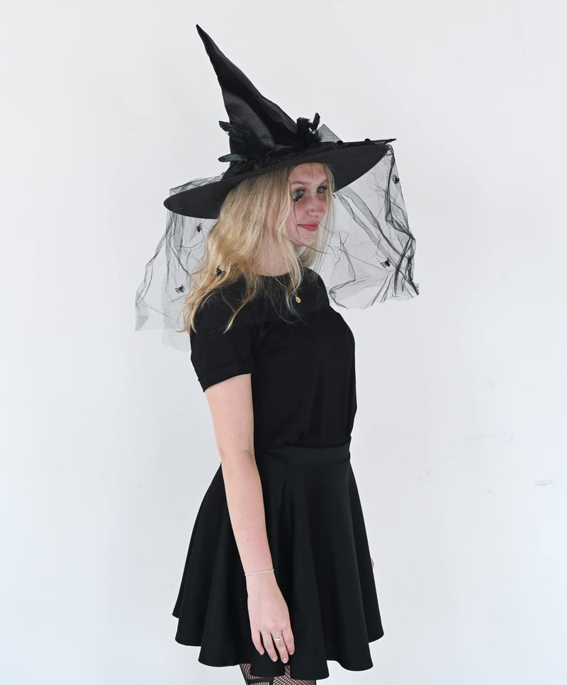 Deluxe Pointed Witch Hat - Glamorous Black Witches Accessories Fancy Satin Hat with Bow, Spiders and Black Feathers