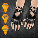 Fingerless Faux Leather Gloves - Black Biker Punk Gloves with Belt Up Closure and Rivet Design for Women and Kids