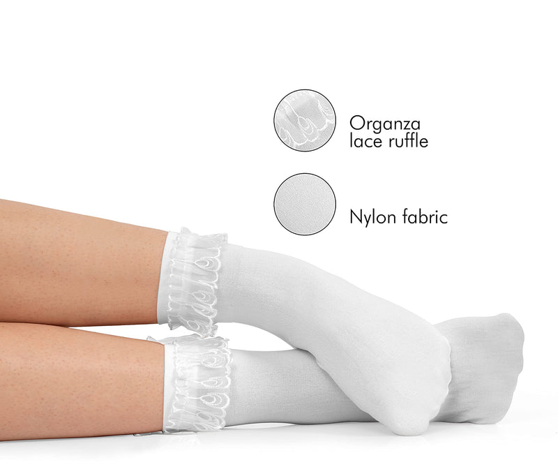 White Ruffled Anklet Socks - Frilly White Opaque Lace Ruffles Top Trim Bobby Sock