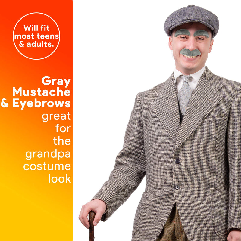 Eyebrow and Mustache Set - Old Man Bushy Stick On Fake Grey Eyebrows and Moustache Kit for Men, Women and Children