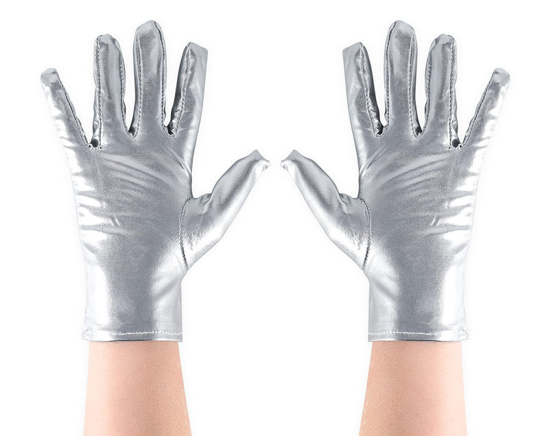 Metallic Silver Costume Gloves - Shiny Silver Princess Evening Stretch Dress Tea Glove Set for Men, Women and Kids
