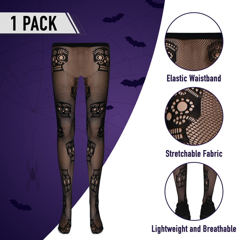 Black Fishnet Skull Tights - Gothic Day of the Dead Halloween Fish Net Pantyhose with Ripped Skeleton Sugar Skulls Stockings