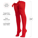 Bow Accent Thigh Highs - Red Over The Knee High Stockings with Red Satin Ribbon Bow Accent for Women and Girls