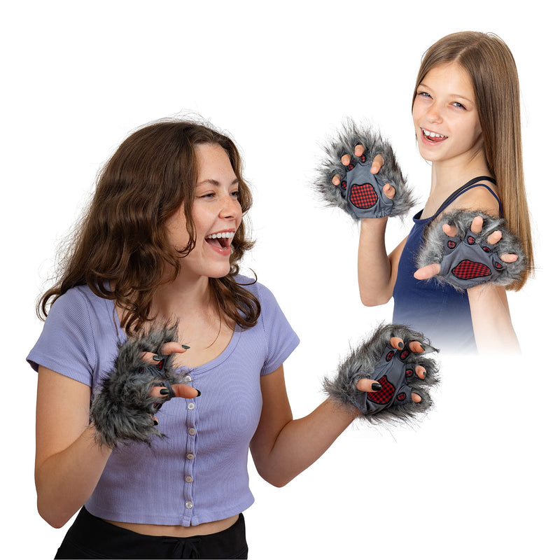 Wolf Paw Costume Gloves - Grey Hairy Werewolf Claw Cuffs Hands Monster Animal Hand Paws Costume Accessories for Kids and Adults
