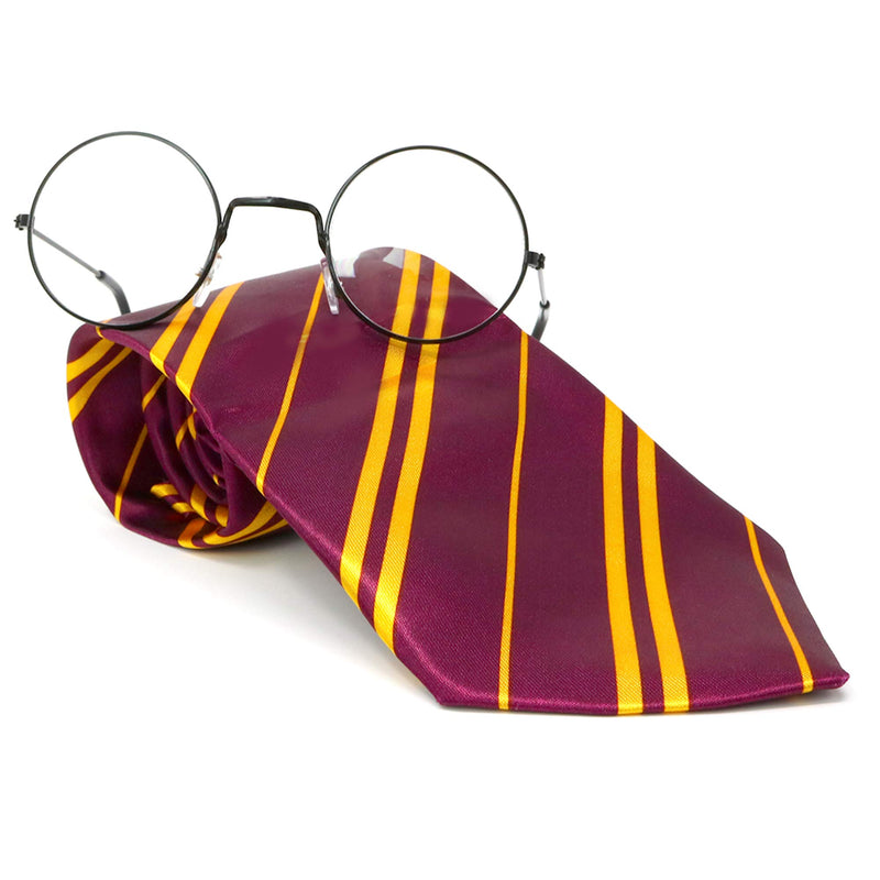 Wizard Glasses and Tie - Maroon and Gold Dress Up Tie and Black Round Glasses Set - 1 Pair