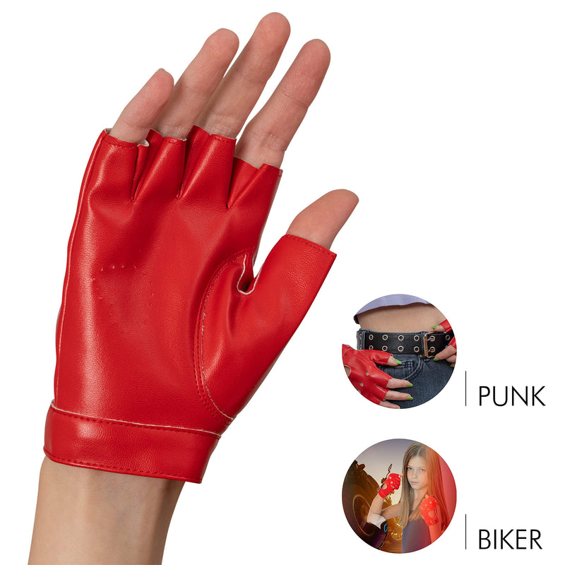 Fingerless Biker Jazz Gloves - 80s Style Gothic Red Faux Leather Punk Biker Gloves with Heart Cutout for Women and Kids
