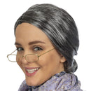Old Lady Costume Set - Grey Granny Wig and Fake Gold Rectangle Eyeglasses Grandma Set for Women and Girls