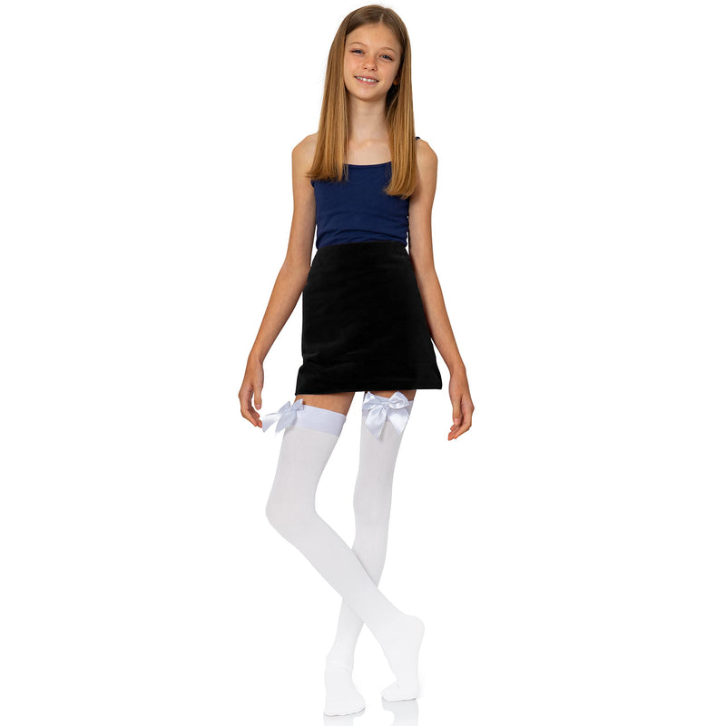 Bow Accent Thigh Highs - White Over the Knee High Stockings with White Satin Ribbon Bow Accent for Women and Girls