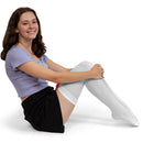 Bow Accent Thigh Highs - White Over the Knee High Stockings with Red Satin Ribbon Bow Accent for Women and Girls