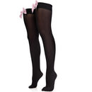Bow Accent Thigh Highs - Black Over the Knee High Stockings with Pink Satin Ribbon Bow Accent for Women and Girls