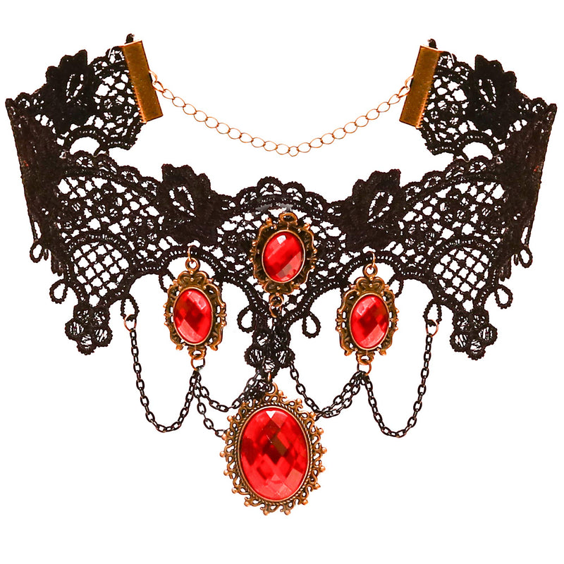 Gothic Vampire Jewelry Set - Black Lace Choker with Red Rhinestone Earrings Pirate Accessories Set for Women and Girls