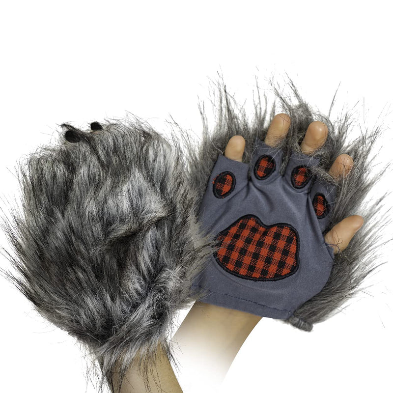 Wolf Paw Costume Gloves - Grey Hairy Werewolf Claw Cuffs Hands Monster Animal Hand Paws Costume Accessories for Kids and Adults