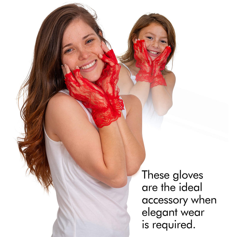 Fingerless Lace Red Gloves - Ladies and Girls Ruffled Lace Finger Free Bridal Wrist Gloves