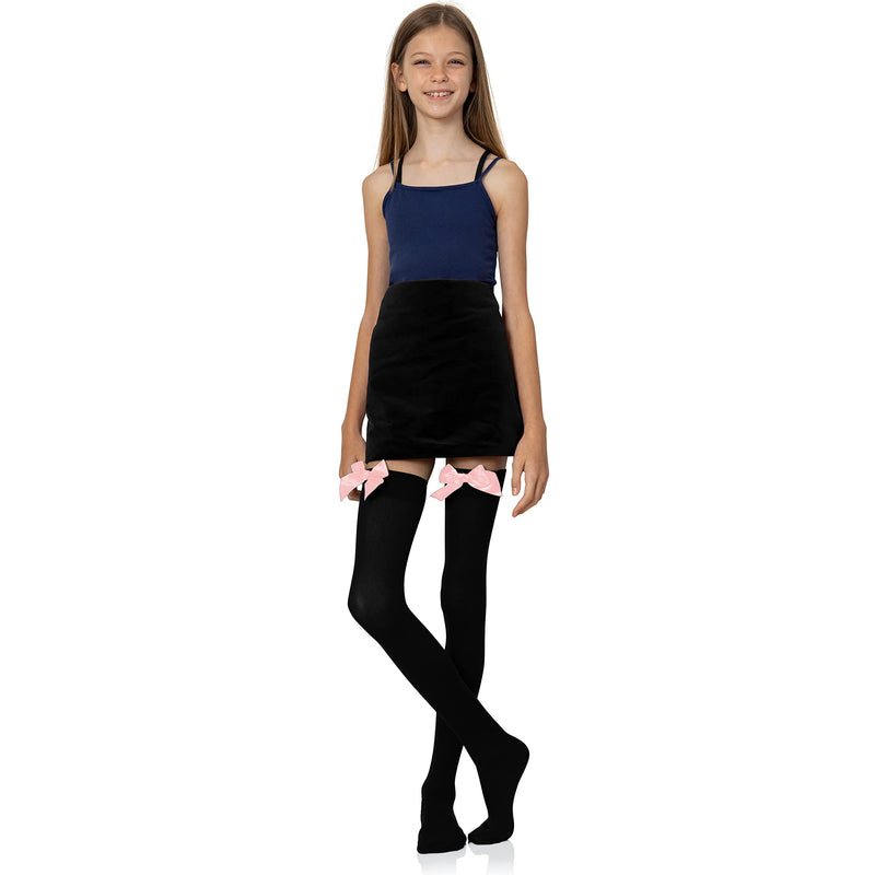 Bow Accent Thigh Highs - Black Over the Knee High Stockings with Pink Satin Ribbon Bow Accent for Women and Girls