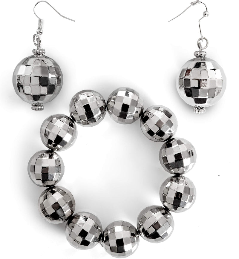Disco Ball Jewelry Set - 1970s Silver Diva Mirror Balls Costume Bracelet and Earrings Rave Accessories Set for Women and Girls