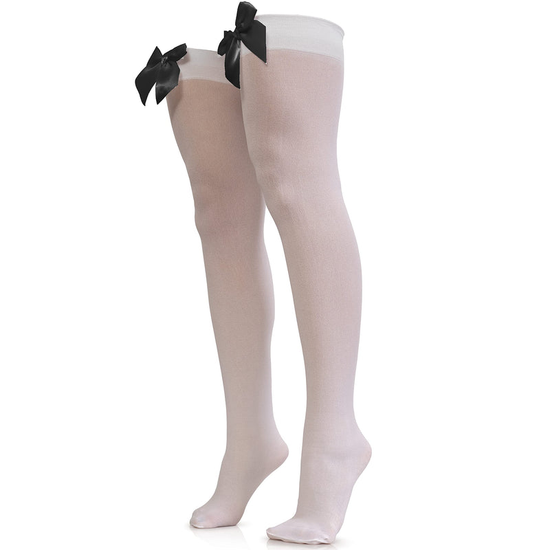 Bow Accent Thigh Highs - White Over the Knee High Stockings with Black Satin Ribbon Bow Accent for Women and Girls