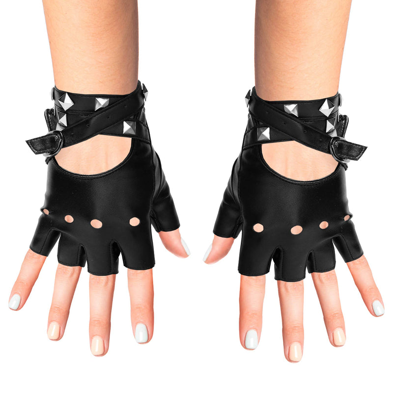 Fingerless Faux Leather Gloves - Black Biker Punk Gloves with Belt Up Closure and Rivet Design for Women and Kids
