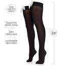 Bow Accent Thigh Highs - Black Over the Knee High Stockings with White Satin Ribbon Bow Accent for Women and Girls