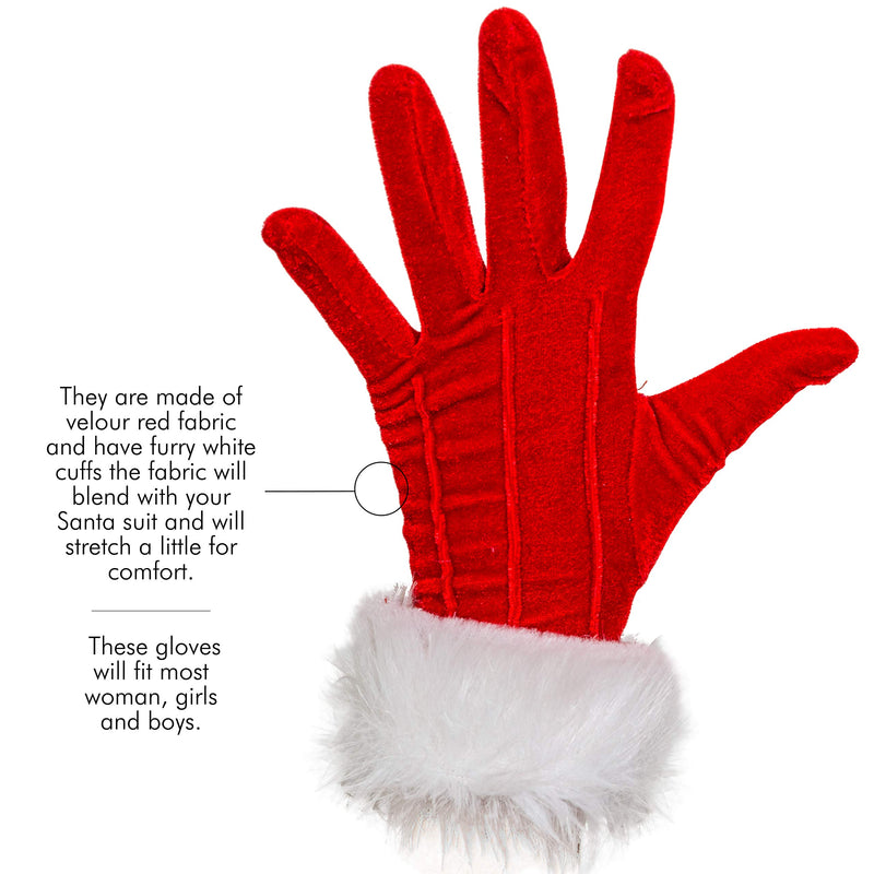 Red Fur Costume Gloves - Red Velvet Gloves with White Furry Cuff Accessories for Costumes for Women and Kids