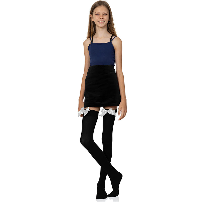 Bow Accent Thigh Highs - Black Over the Knee High Stockings with White Satin Ribbon Bow Accent for Women and Girls