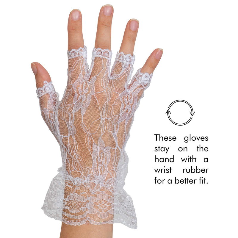 Fingerless Lace White Gloves - Ladies and Girls Ruffled Lace Finger Free Bridal Wrist Gloves
