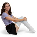 Bow Accent Thigh Highs - White Over the Knee High Stockings with White Satin Ribbon Bow Accent for Women and Girls
