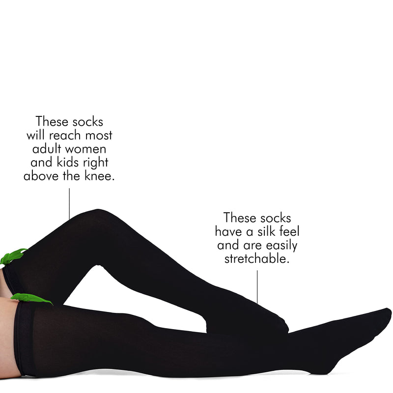 Bow Accent Thigh Highs - Black Over the Knee High Stockings with Green Satin Ribbon Bow Accent for Women and Girls