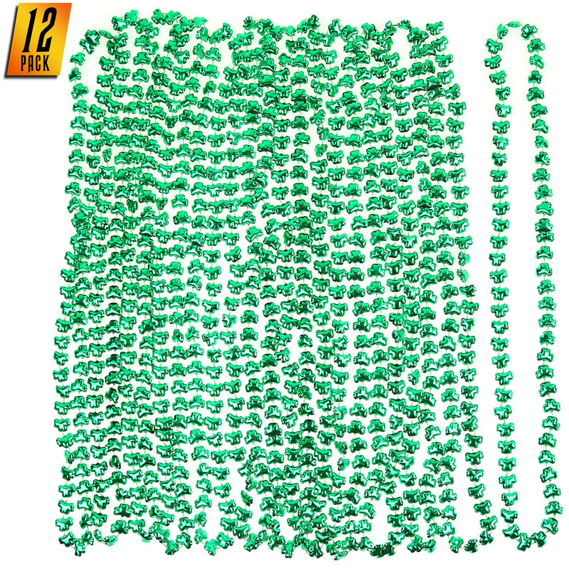 Green Shamrock Beads Necklaces - St Patricks Day Irish Clover Bead Necklace Party Favors Pack - 1 Dozen
