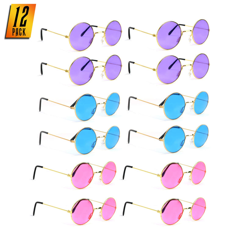 Tinted Round Hippie Glasses Pink Purple and Blue 60's Style Hipster Circle Sunglasses - 12 Pairs