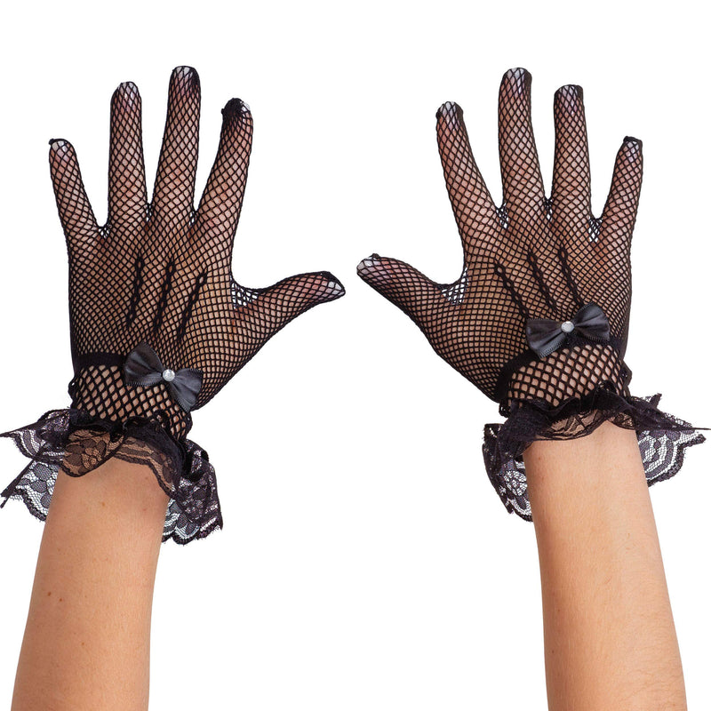 Dress Lace Hand Gloves - Vintage Formal Black Sheer Evening Gloves with Satin Bow and Lace Ruffle Wrist Cuffs for Women and Girls