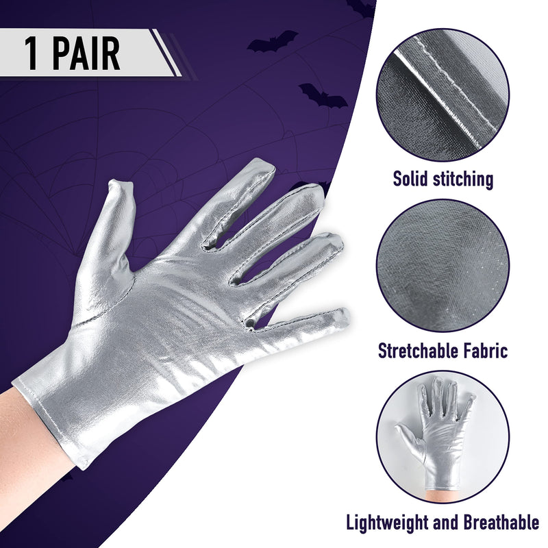 Metallic Silver Costume Gloves - Shiny Silver Princess Evening Stretch Dress Tea Glove Set for Men, Women and Kids