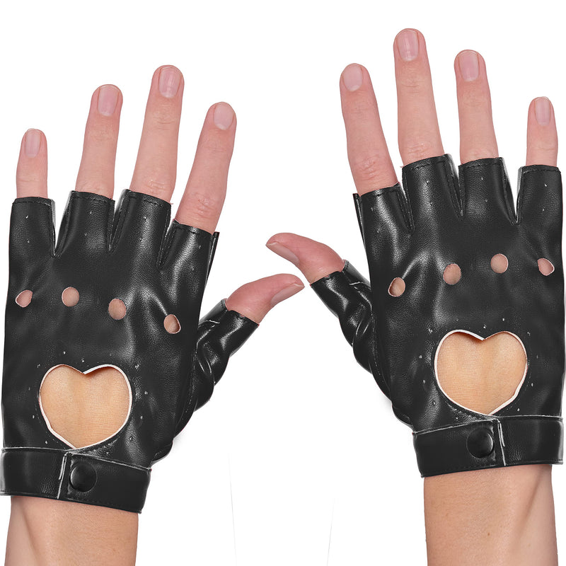 Fingerless Biker Jazz Gloves - 80s Style Gothic Black Faux Leather Punk Biker Gloves with Heart Cutout for Women and Kids