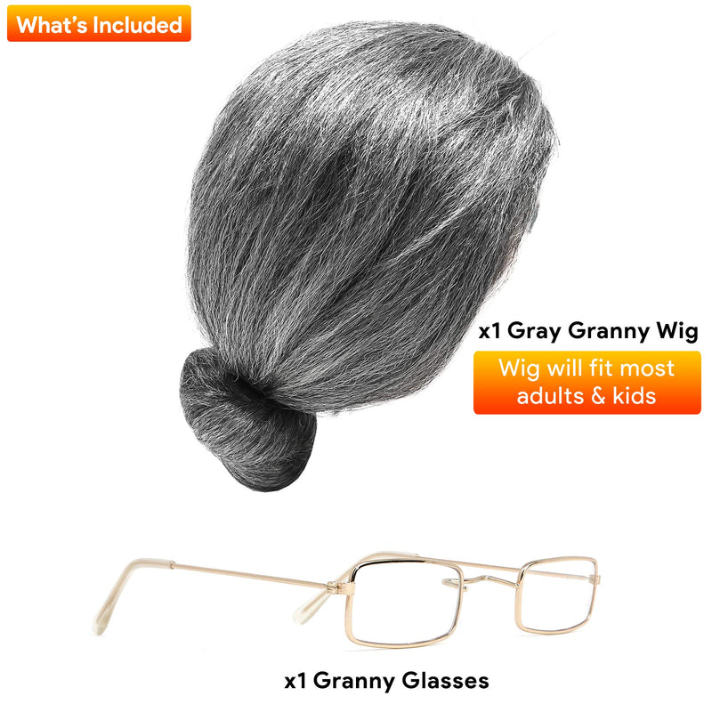 Old Lady Costume Set - Grey Granny Wig and Fake Gold Rectangle Eyeglasses Grandma Set for Women and Girls