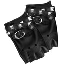 Fingerless Faux Leather Gloves - Black Biker Punk Gloves with Belt Up Closure and Rivet Design for Women and Kids