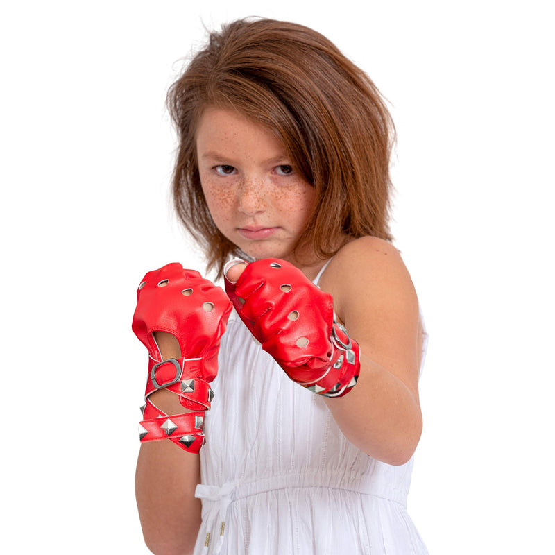 Fingerless Faux Leather Gloves - Red Biker Punk Gloves with Belt Up Closure and Rivet Design for Women and Kids