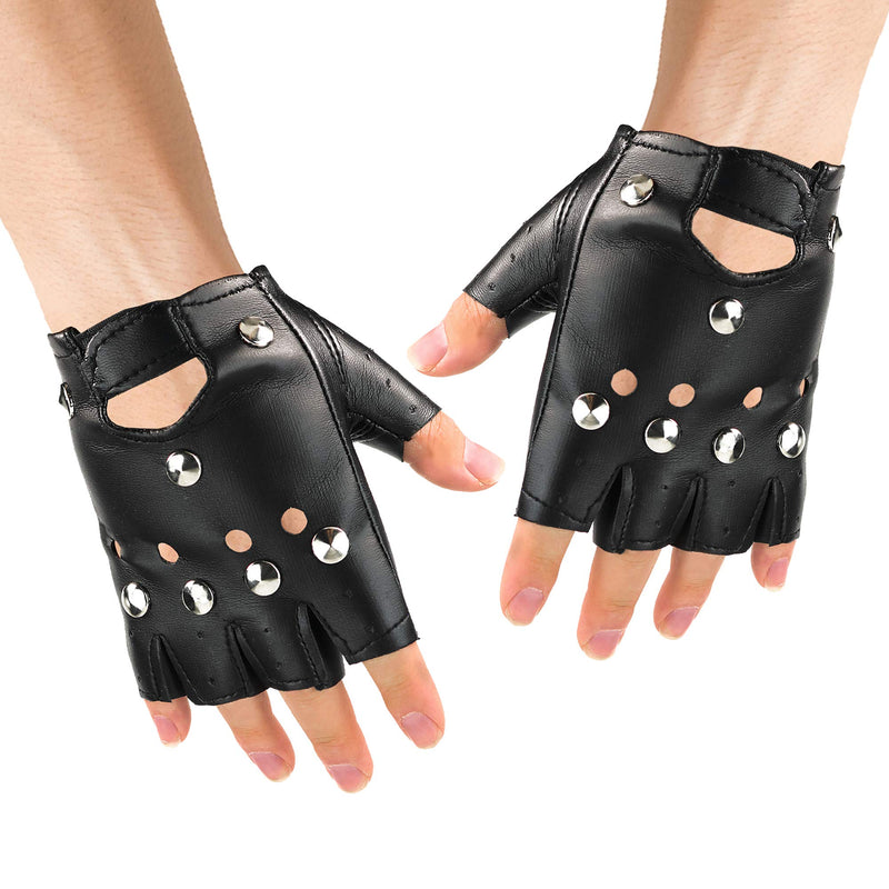 Gothic Fingerless Biker Gloves - 80s Style Black Leather Punk Biker Gloves with Studs for Men Women and Kids