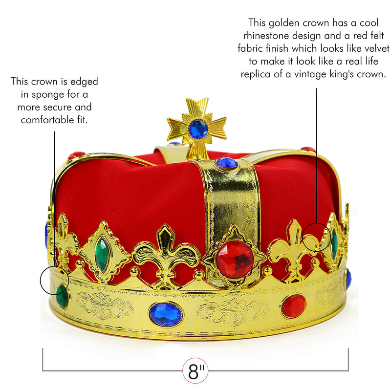 Regal Gold King Crown - Royal Red Felt Imperial Jeweled Mens and Womens Unisex Party Dress Up Accessory Crowns - 1 Piece