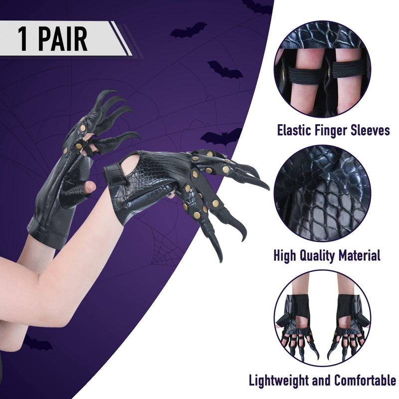 Fingerless Faux Leather Gloves - Black Biker Punk Gloves with Belt Up  Closure and Rivet Design for Women and Kids