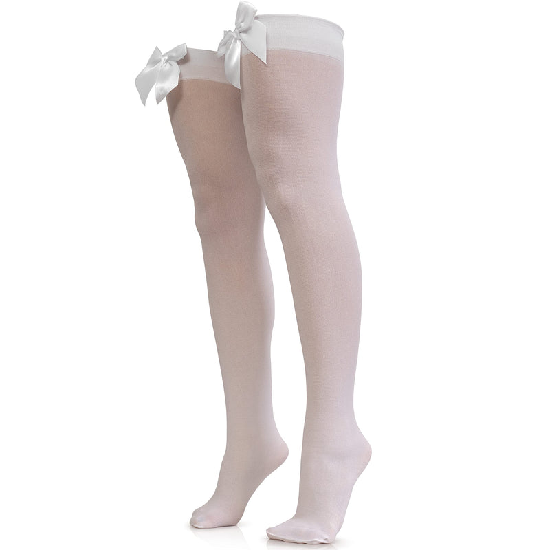 Bow Accent Thigh Highs - White Over the Knee High Stockings with White Satin Ribbon Bow Accent for Women and Girls