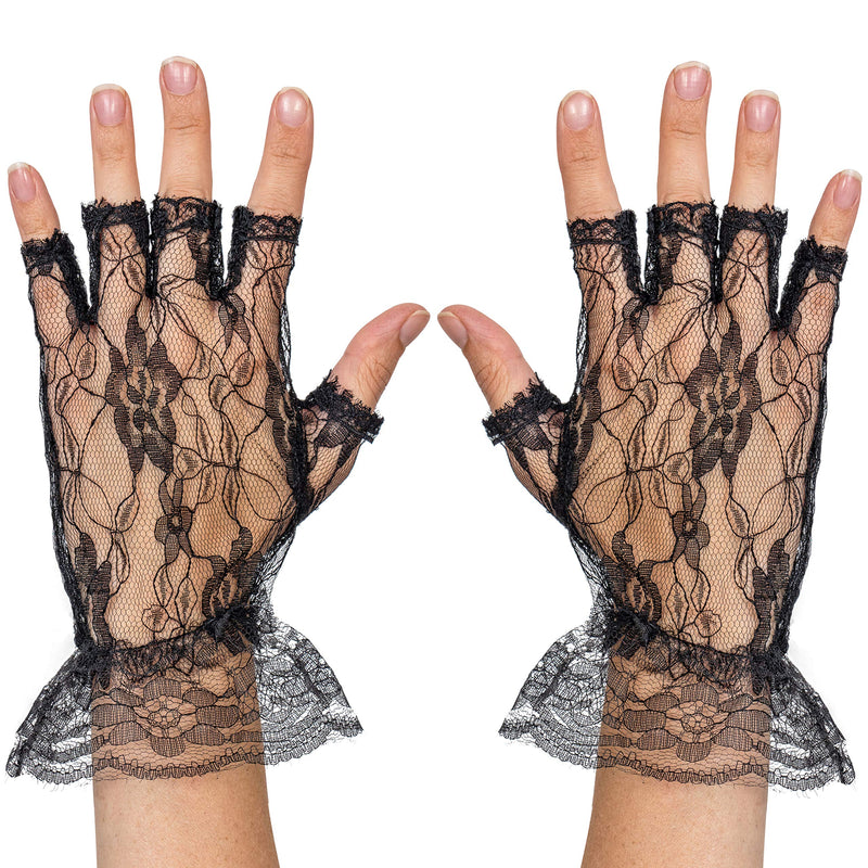 Fingerless Lace Black Gloves - Ladies and Girls Ruffled Lace Finger Free Bridal Wrist Gloves