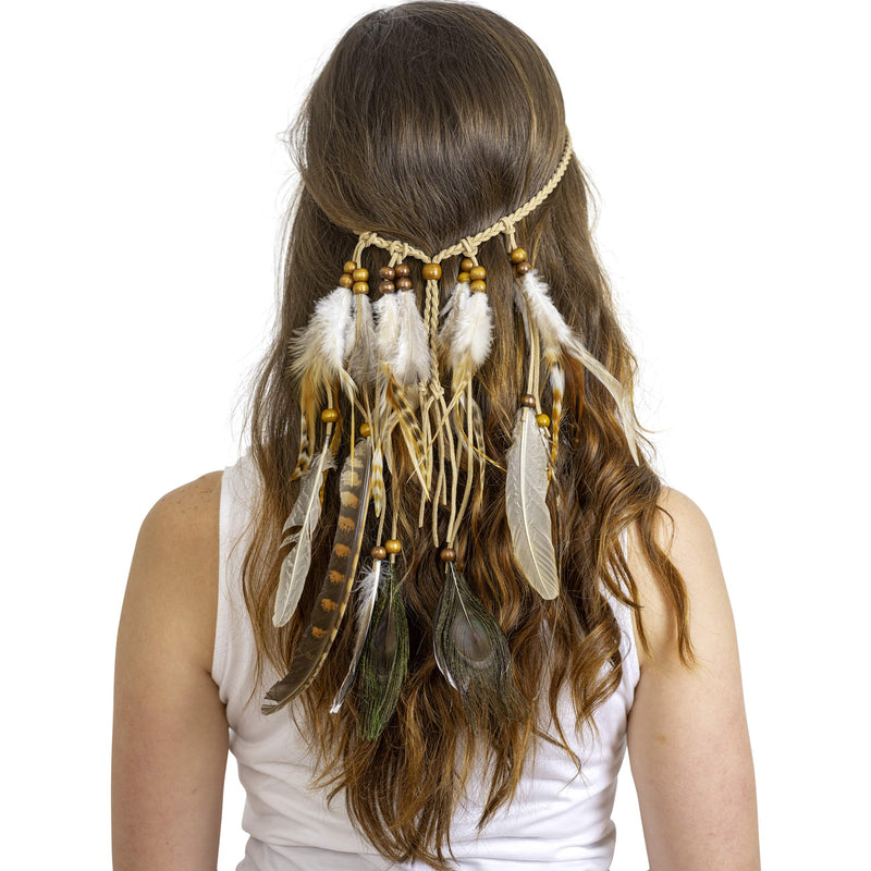 Indian Feather Headband Accessories - Native American Tribal Costume Head Dress with Feathers for Women and Kids