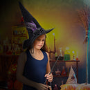 Deluxe Pointed Witch Hat - Glamorous Black Witches Accessories Fancy Velvet Hat with Flowers, Beads and Purple Feathers